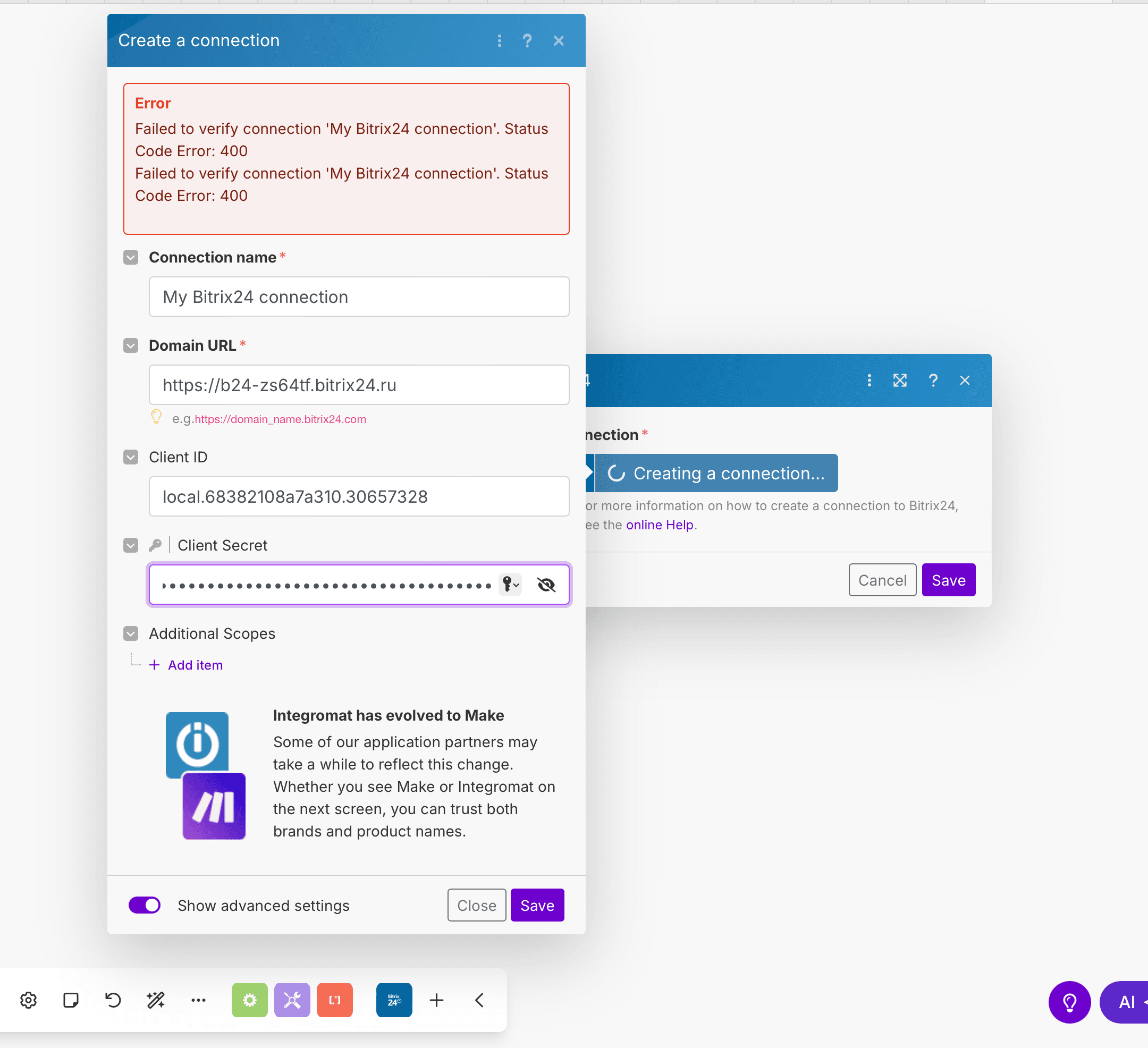 Окно подключения Bitrix24 в Make — поле домена CRM, включённые Advanced settings с полями Client ID и Client Secret