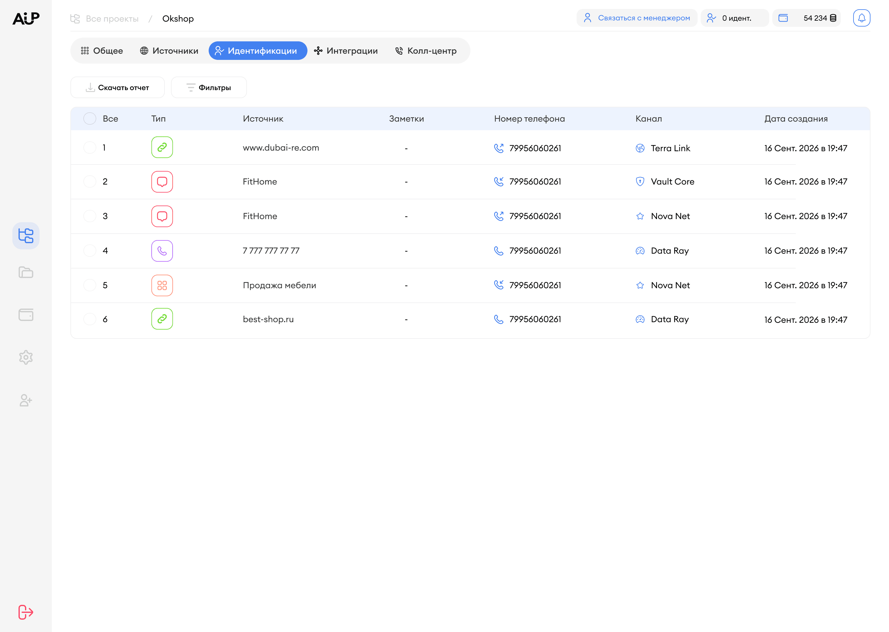 Раздел Идентификации в AI-UP — список контактов с колонками номер телефона, источник, канал сбора, регион, дата идентификации
