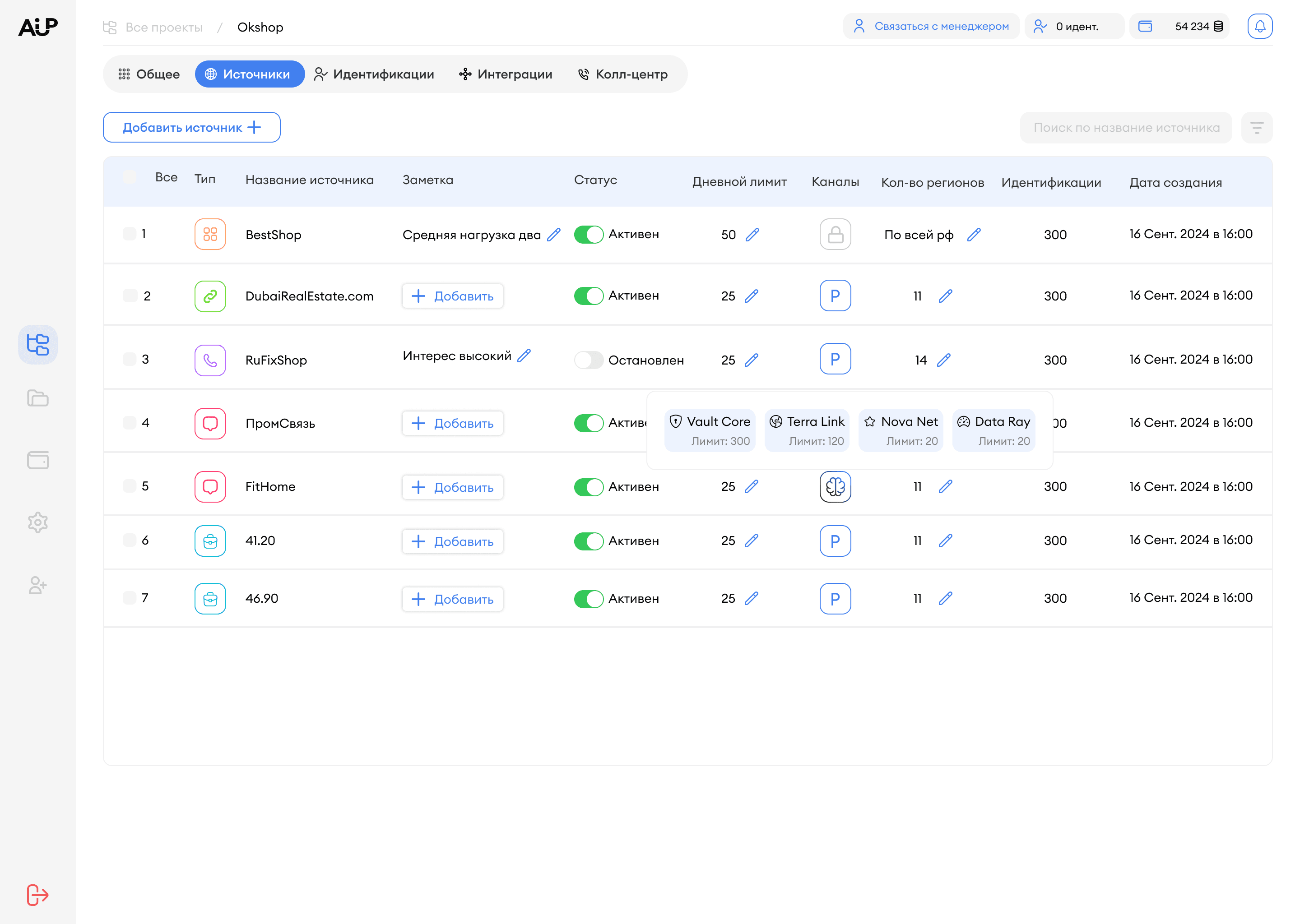 Шапка проекта AI-UP — статус активности, общий дневной лимит идентификаций, количество источников, график получения контактов по дням недели
