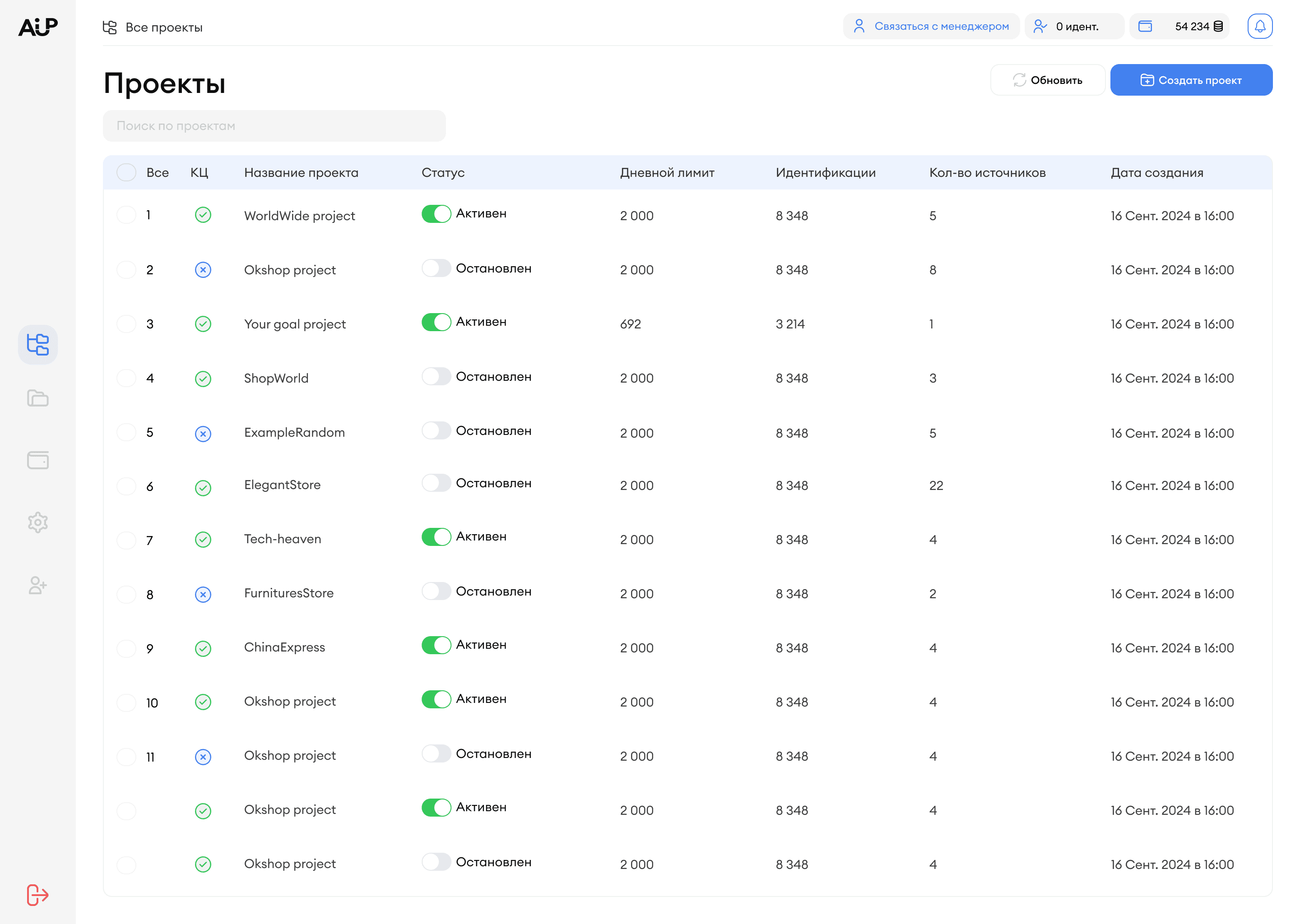 кабинет после входа Alt: Личный кабинет AI-UP после первого входа — пустой список проектов, кнопка Создать проект, верхняя панель с балансом токенов и идентификаций