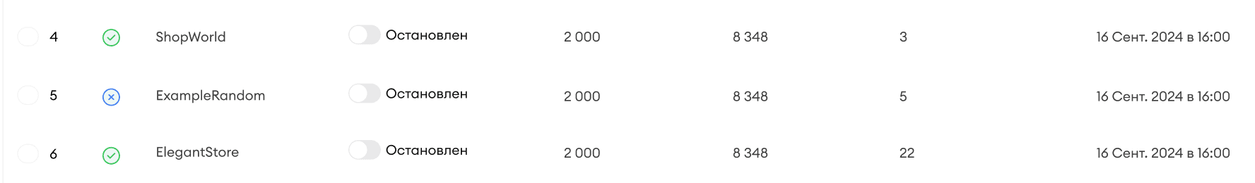Проект AI-UP со статусом Остановлен — серый индикатор в шапке проекта, предупреждение о недостаточном балансе идентификаций для перехвата лидов