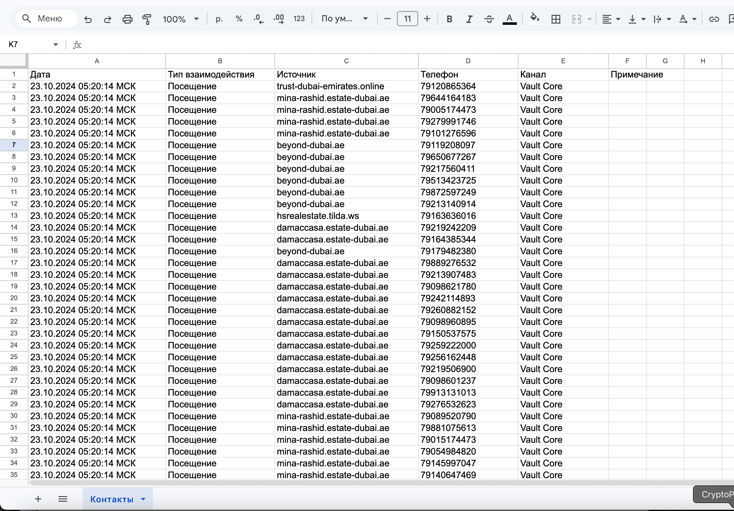 Скачанный отчёт из AI-UP в формате таблицы — колонки Дата, Тип взаимодействия, Источник, Телефон, Канал, Примечание