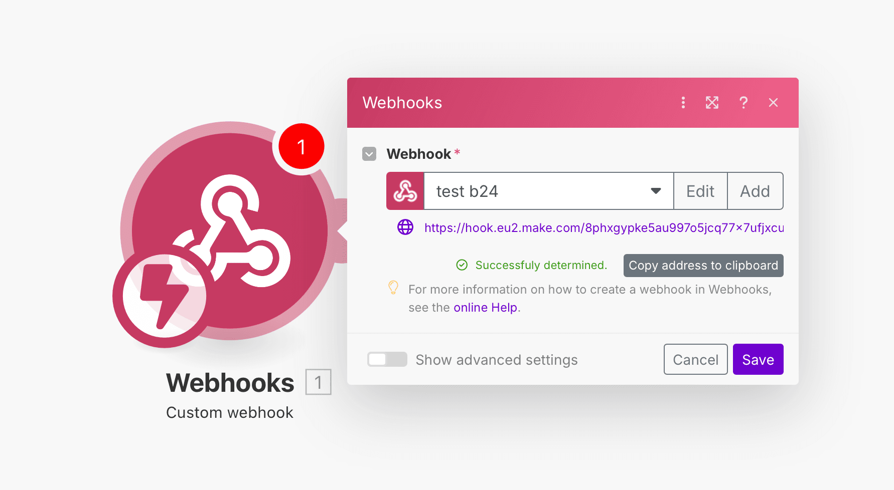 Make получил тестовые данные от AI-UP — надпись Successfully determined и кнопка Save